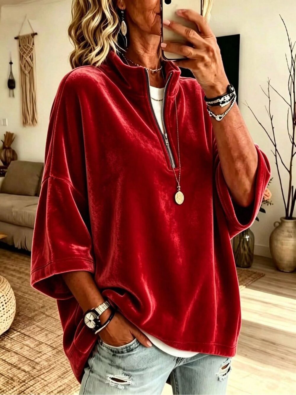 Red Sexy Casual Loose High Neck 3/4 Sleeve Pullovers